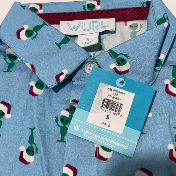 Wurl Boys Collared Shirt Green Aliens W/Santa Hats Cruise Blue Christmas Small - Picture 8 of 8